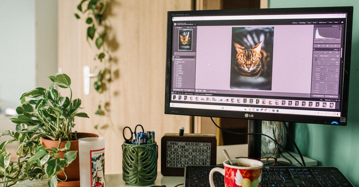 A home office setup featuring photography editing on a computer screen.